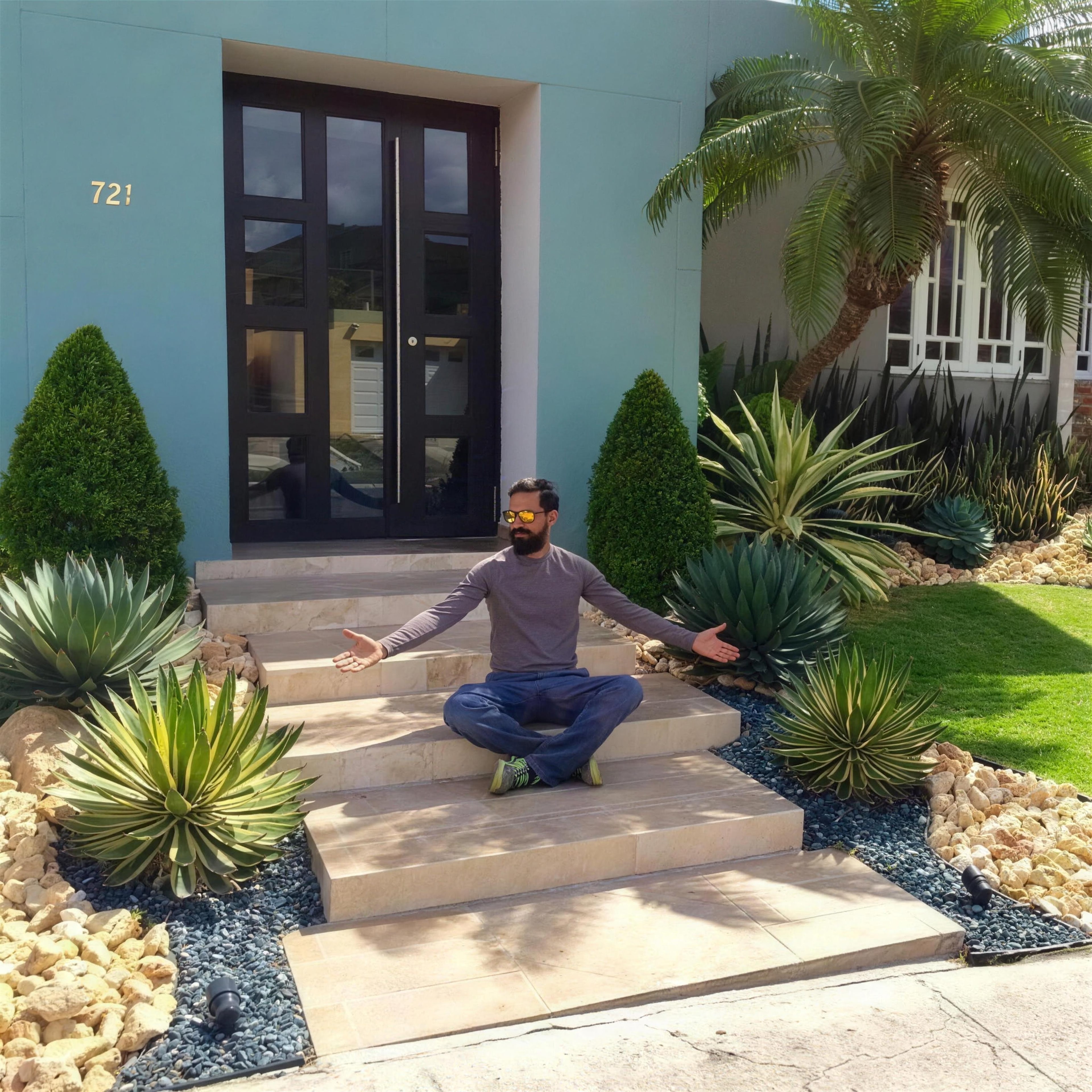 AGAVE Landscaping PR founder in a freshly installed patio with agaves and succulents