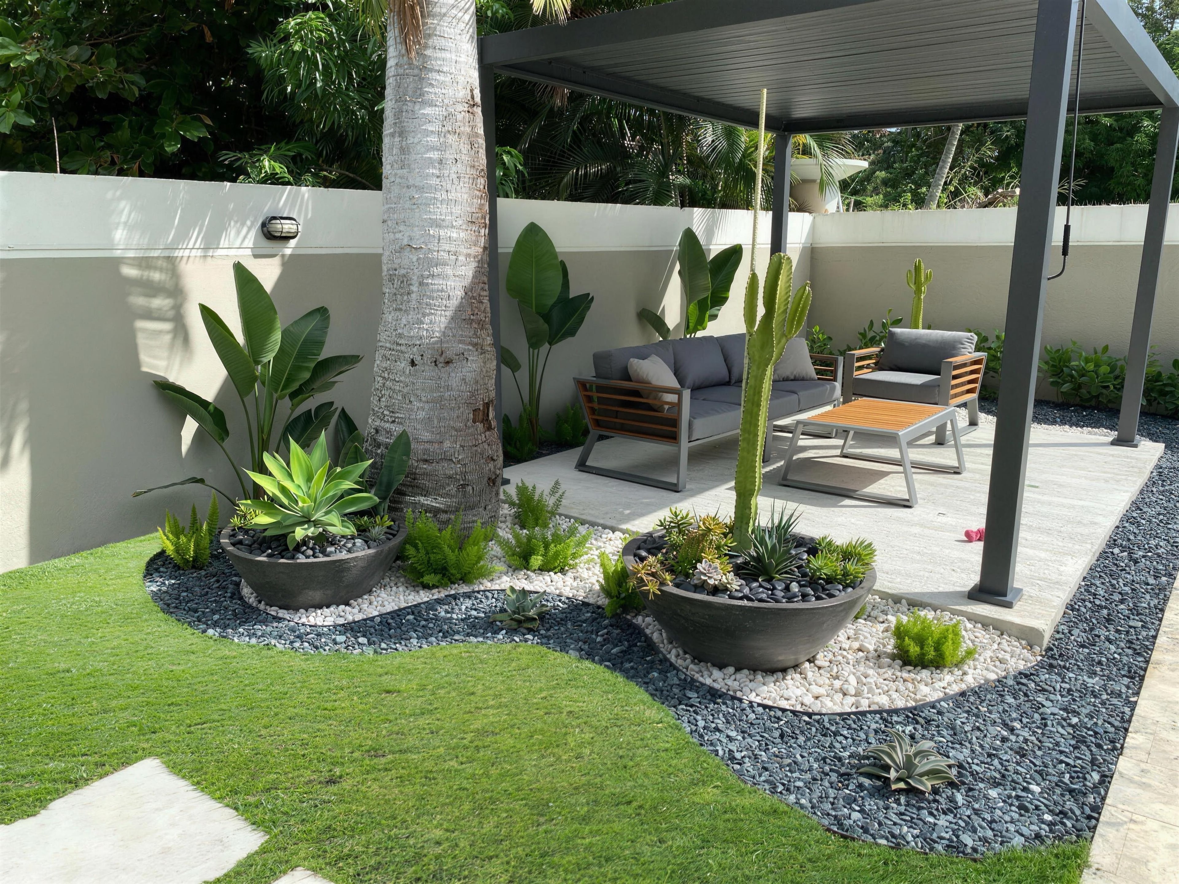 Lounge area under a pergola with succulents